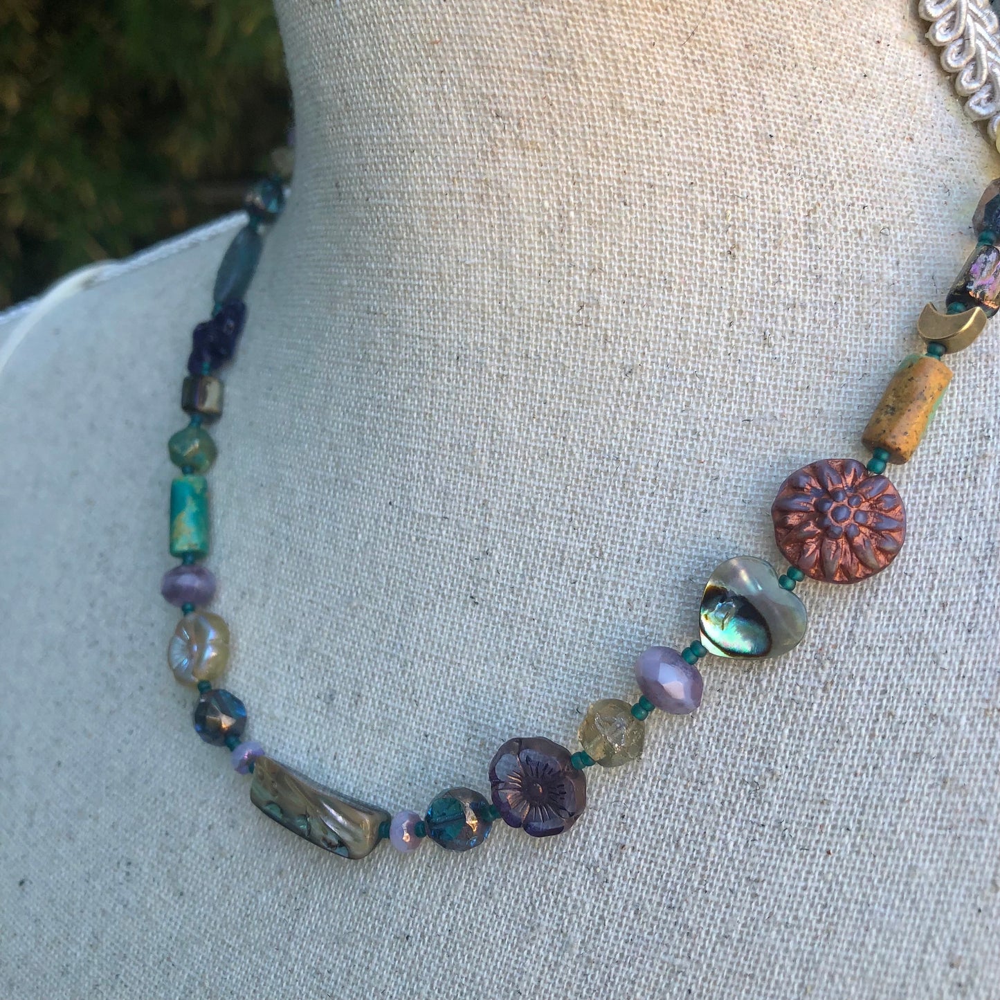 Multi Color Bead Necklace, Handmade Czech Glass Jewelry, Abalone and Gemstone Necklace for her, Unique Boho Jewelry, Fun Necklace