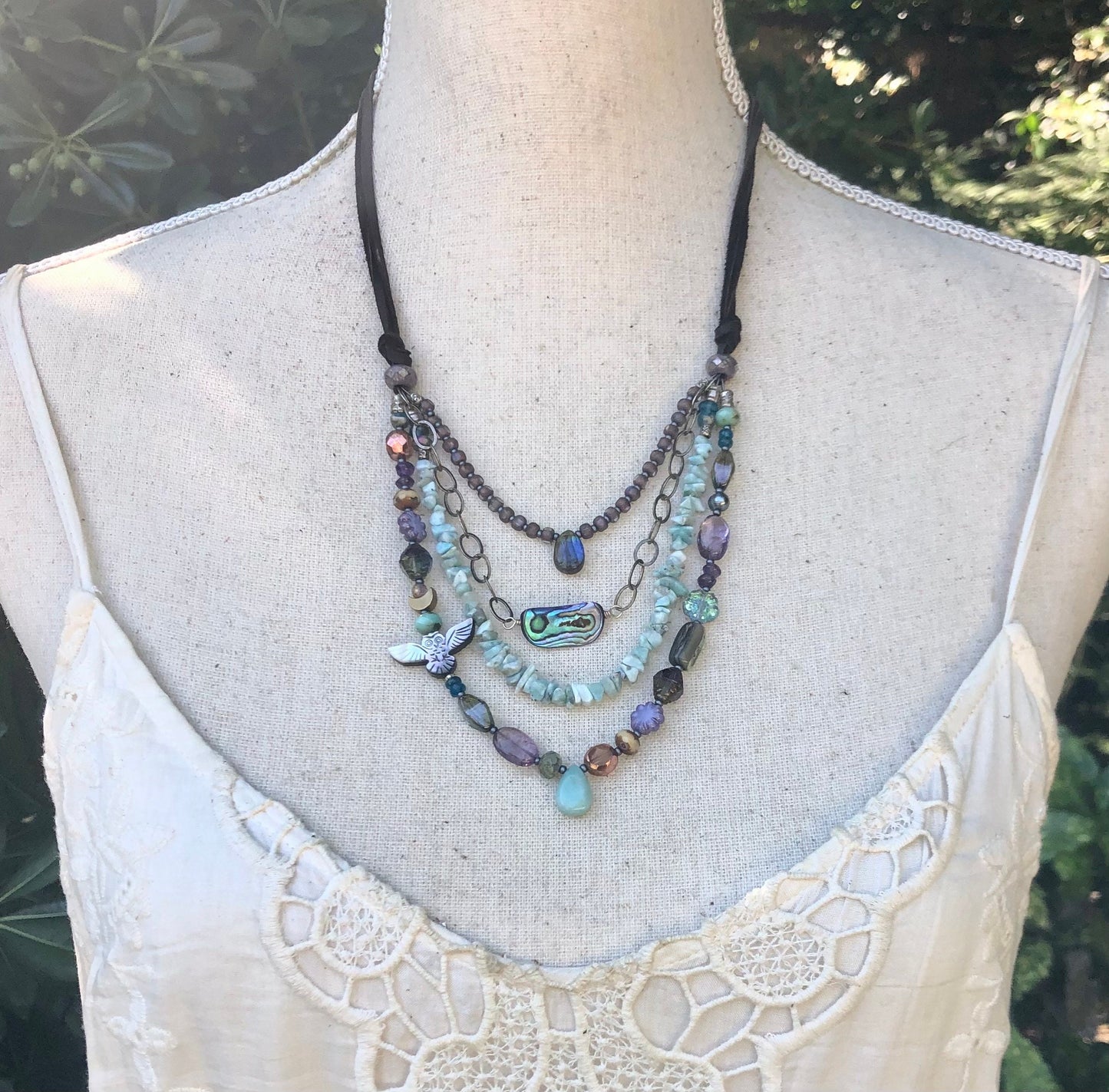 Larimar and Owl Fetish Adjustable Necklace