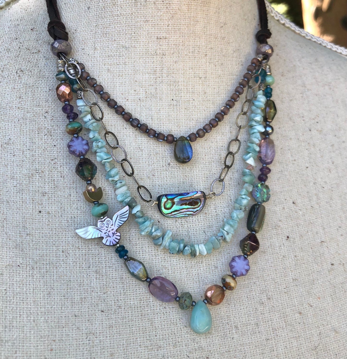 Larimar and Owl Fetish Adjustable Necklace