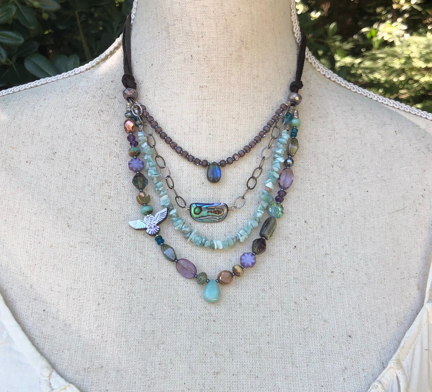 Larimar and Owl Fetish Adjustable Necklace