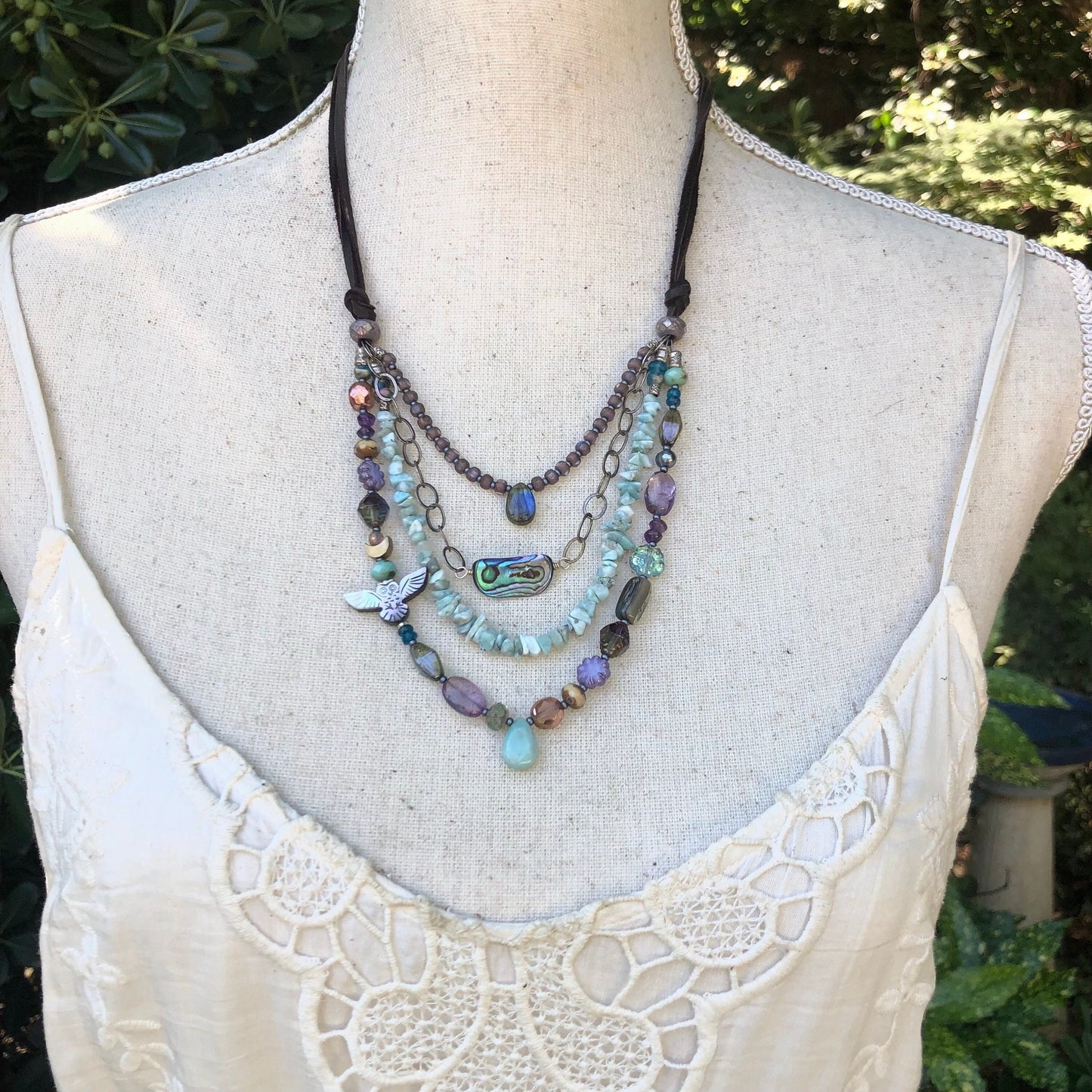 Larimar and Owl Fetish Adjustable Necklace