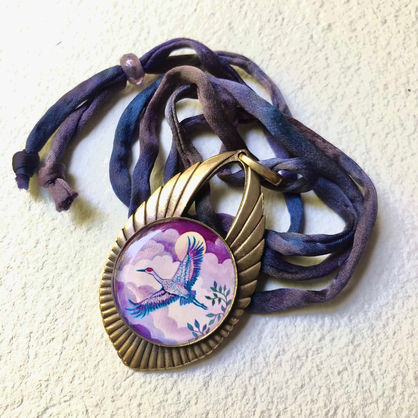 Sandhill Crane Bronze Cast double sided pendant on silk cord