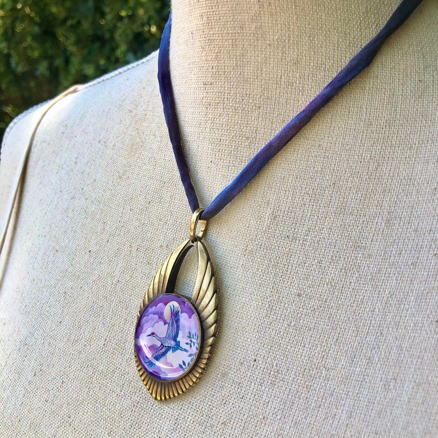 Sandhill Crane Bronze Cast double sided pendant on silk cord