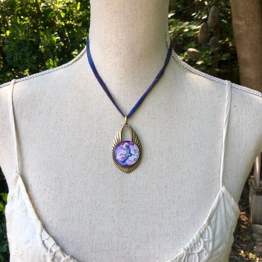 Sandhill Crane Bronze Cast double sided pendant on silk cord