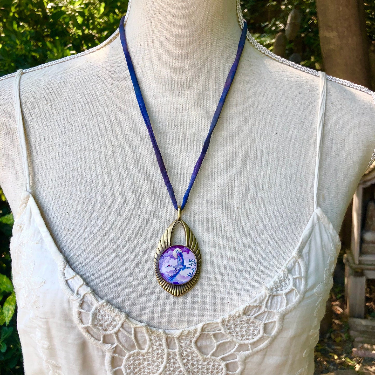 Sandhill Crane Bronze Cast double sided pendant on silk cord