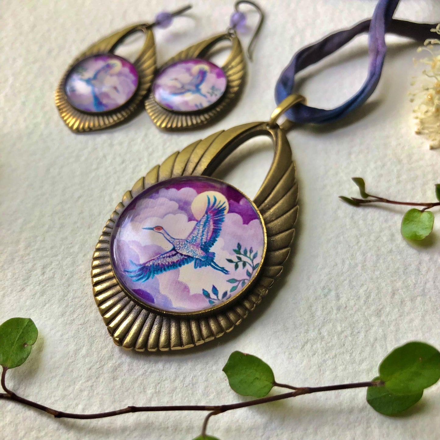 Sandhill Crane Bronze Cast double sided pendant on silk cord