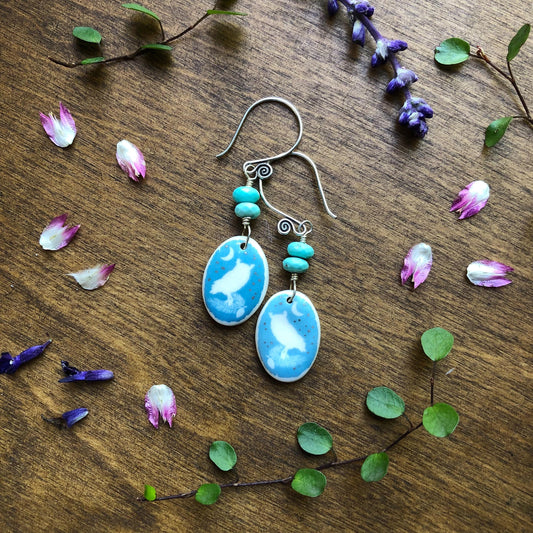 Handmade Porcelain Screech Owl Dangle Earrings