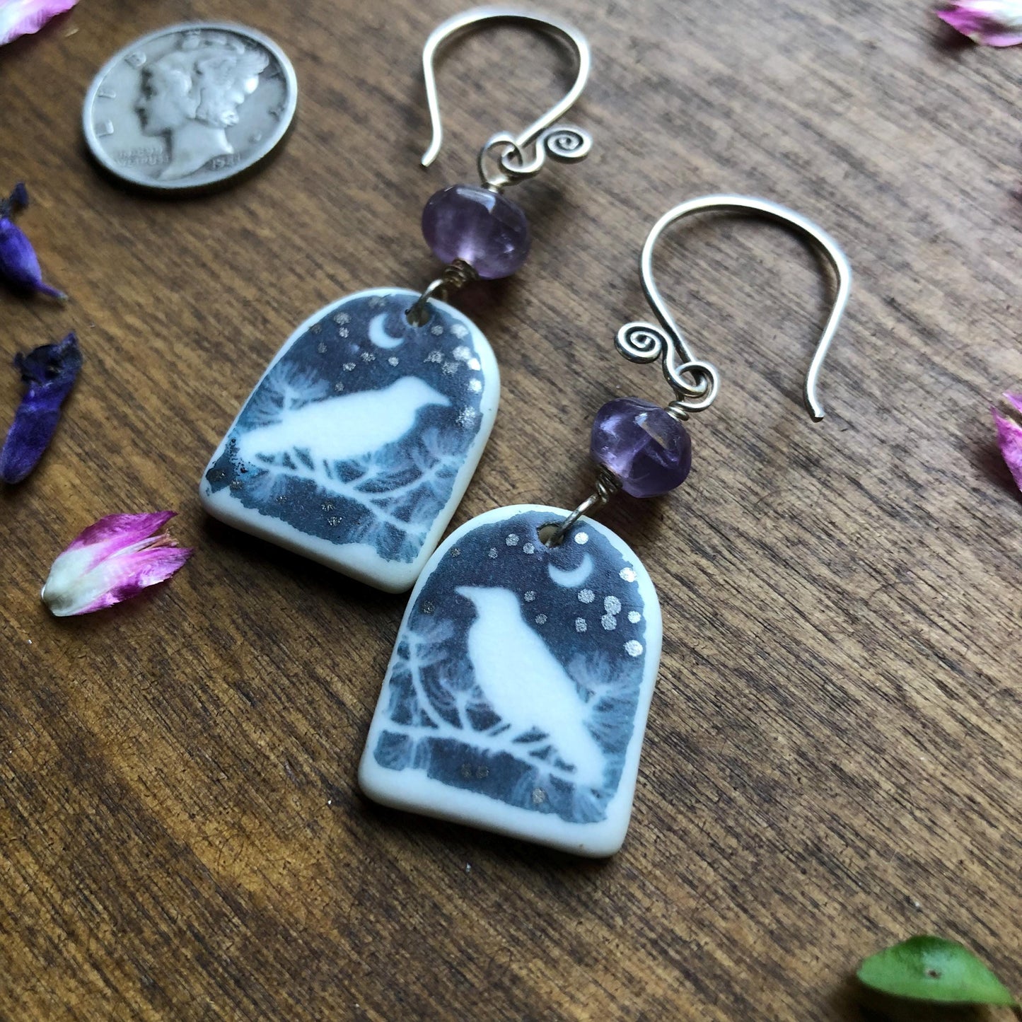 Handmade Porcelain Raven Earrings