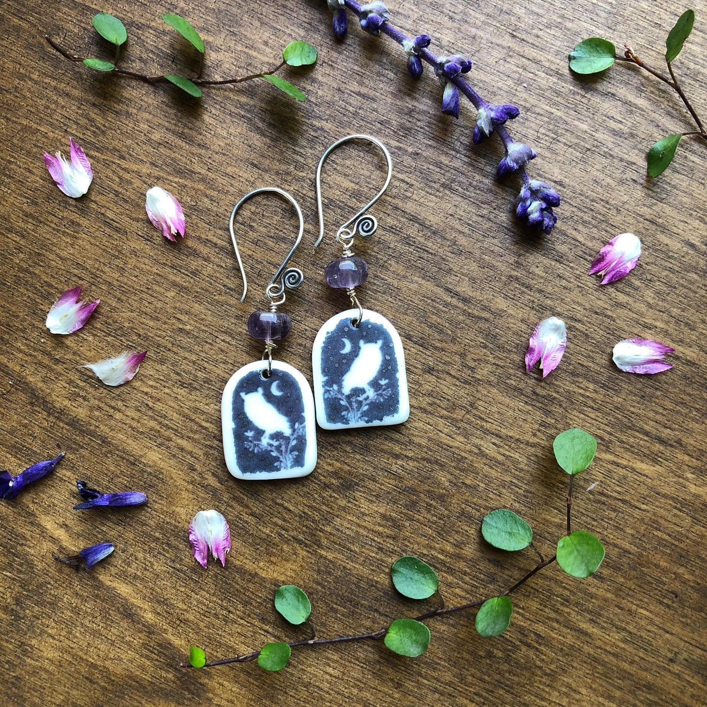 Screech Owl Amethyst Dangles