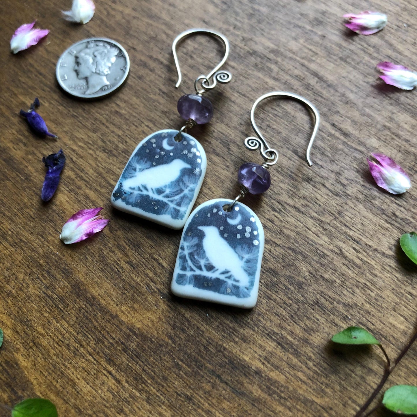 Handmade Porcelain Raven Earrings