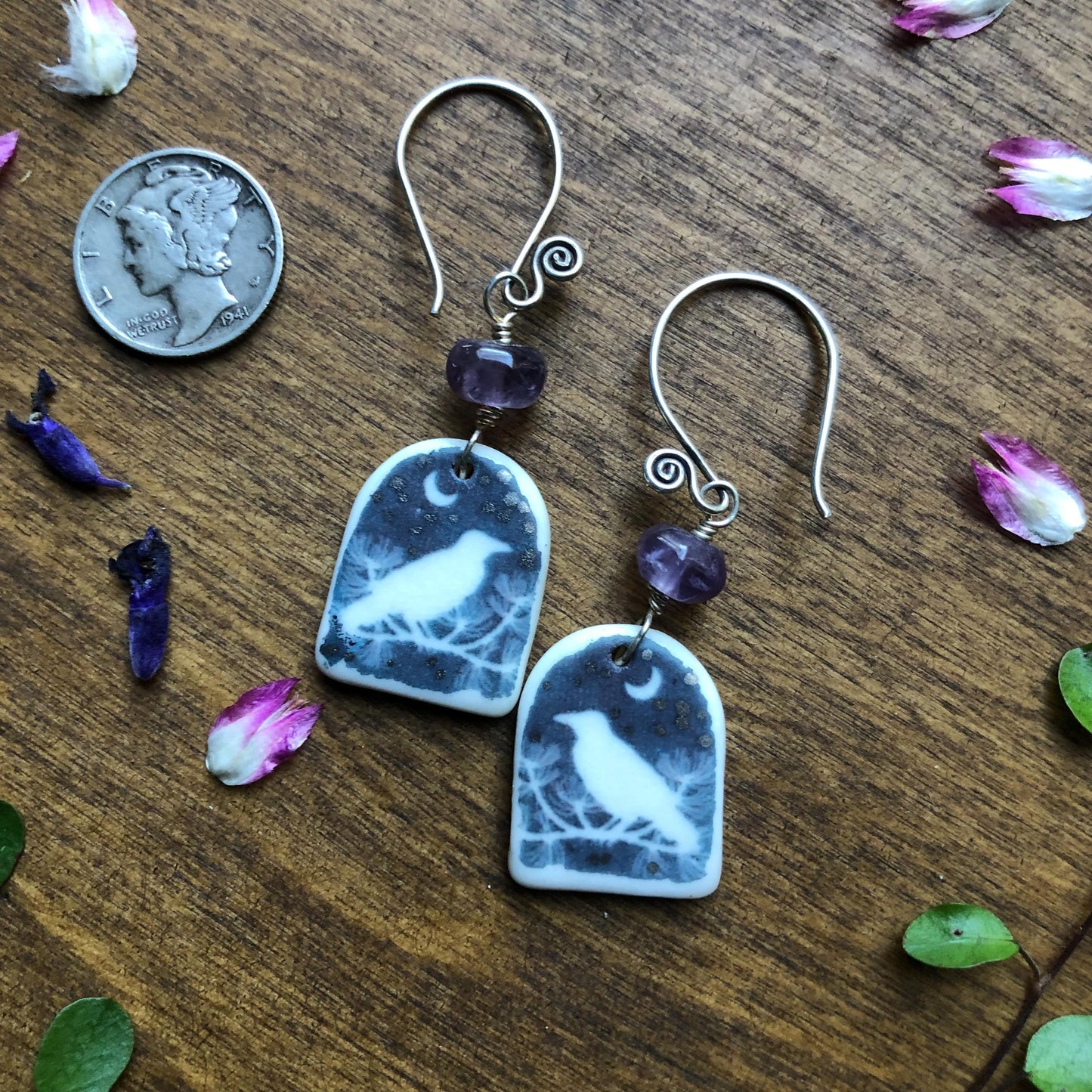 Handmade Porcelain Raven Earrings