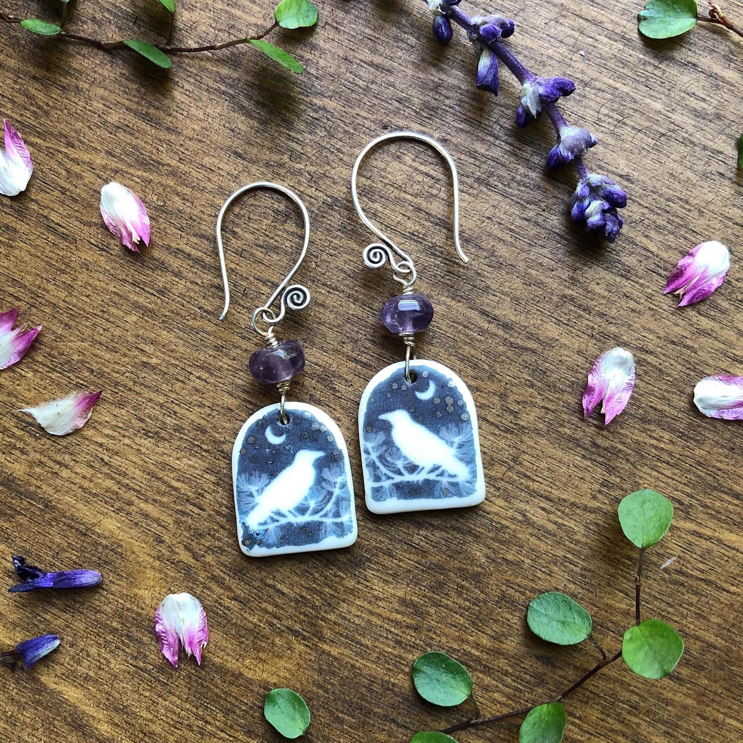 Handmade Porcelain Raven Earrings