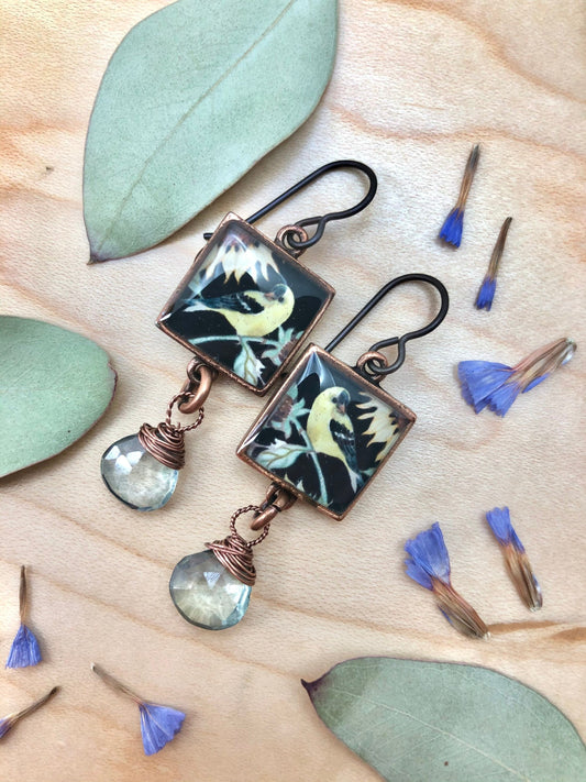 Sunflower and Goldfinch Green Hydro Quartz Earrings