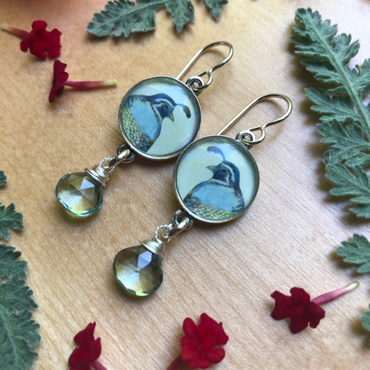 Silver Quail with Aqua Hydro Quartz Dangles