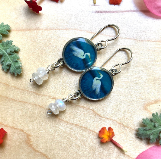 Silver Egret Moonstone Dangles
