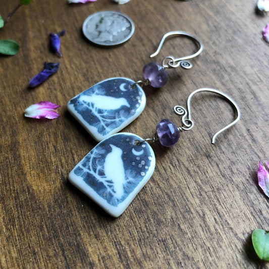 Handmade Porcelain Raven Earrings With Amethyst Gemstones