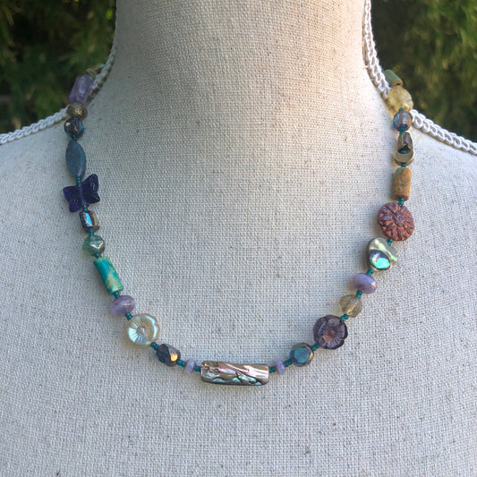 Multi Color Bead Necklace, Handmade Czech Glass Jewelry, Abalone and Gemstone Necklace for her, Unique Boho Jewelry, Fun Necklace