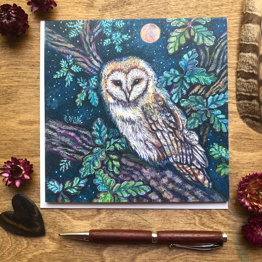 Owl Card, Barn Owl in Oak Tree, original owl art, Naturalist Card, Forestcore, Ornithology, Bird Watching, Nature Greeting Card, Owl